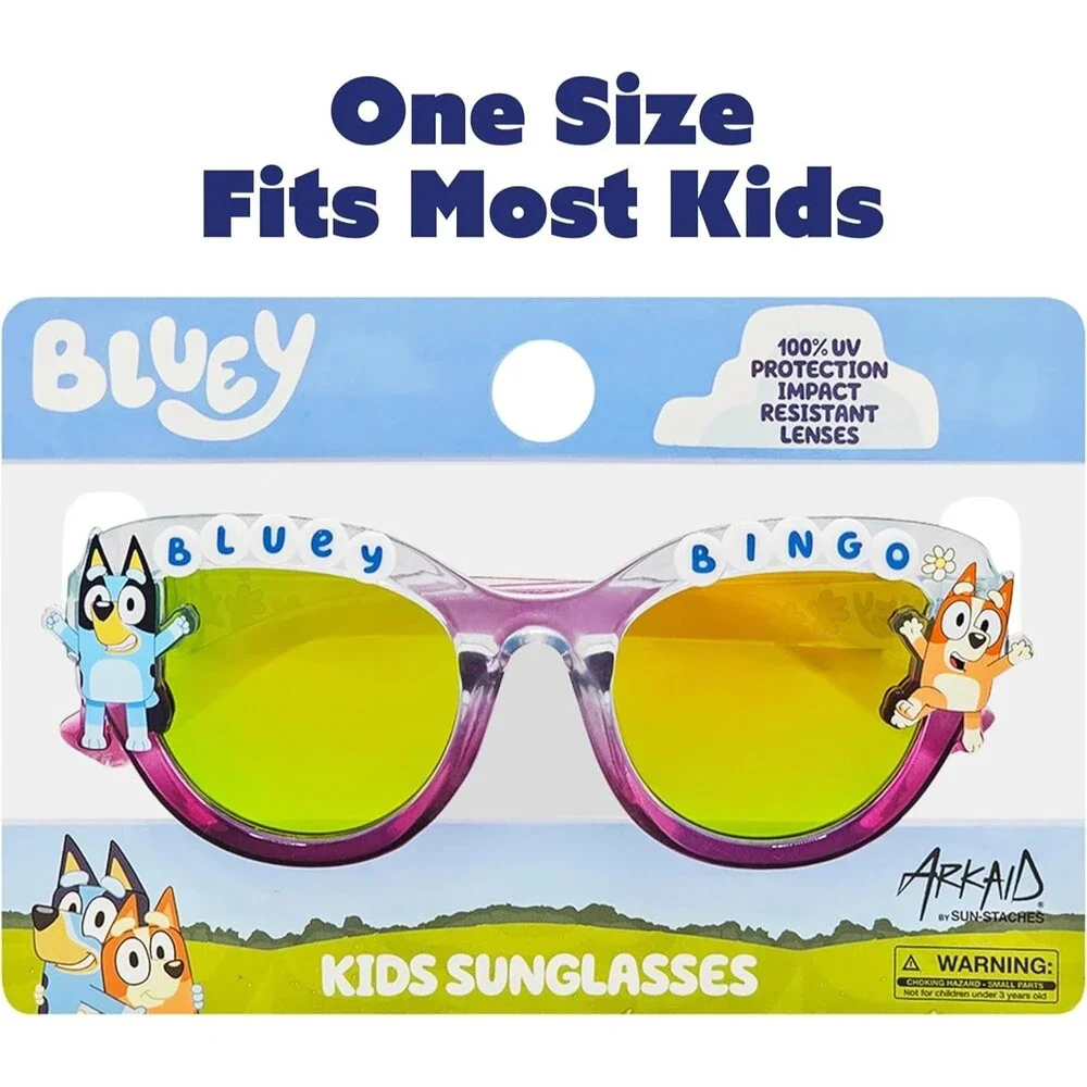 Bluey Bingo Girls Clear Pink Round Sunglasses Mirrored Green Lenses Kids